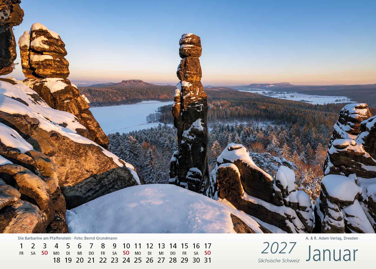 Kalender Sächsische Schweiz 2027 Januar Barbarine am Pfaffenstein