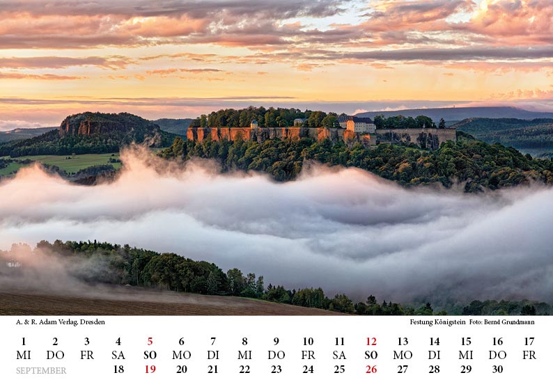 Tischkalender Elbsandsteingebirge 2027 September Festung Königstein im Nebel