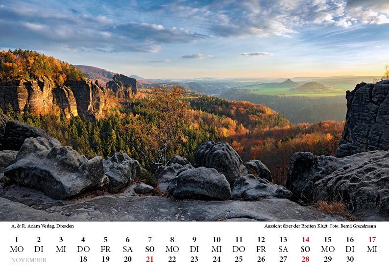 Tischkalender Elbsandsteingebirge 2027 November Aussicht über der Breiten Kluft
