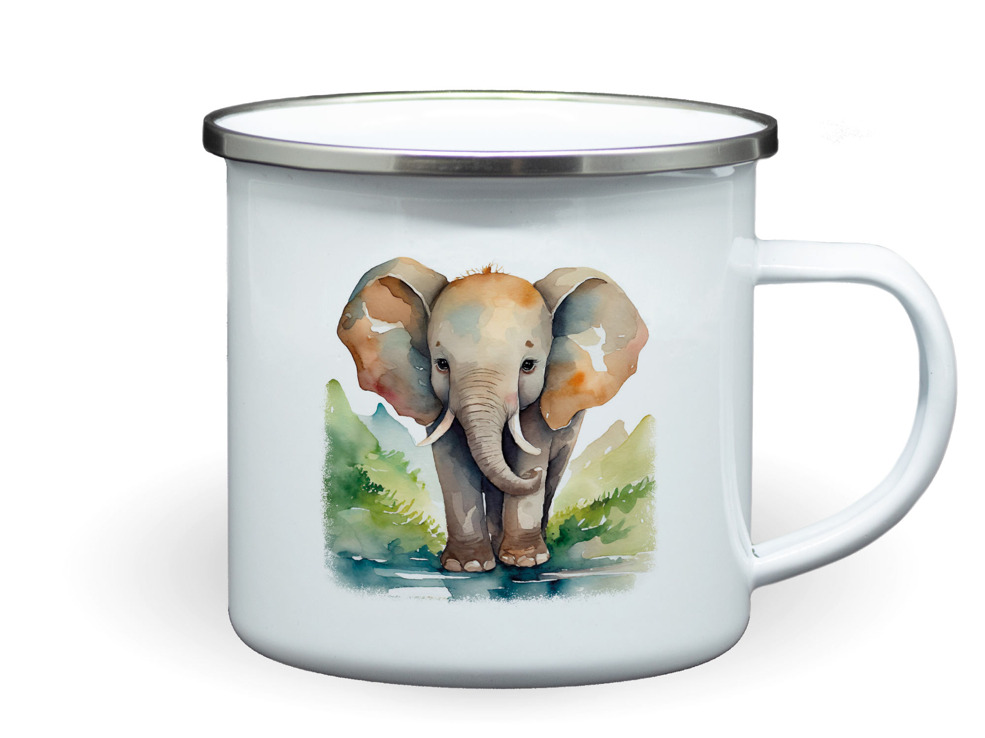 Bedruckte Emailletasse mit Elefanten Aquarell