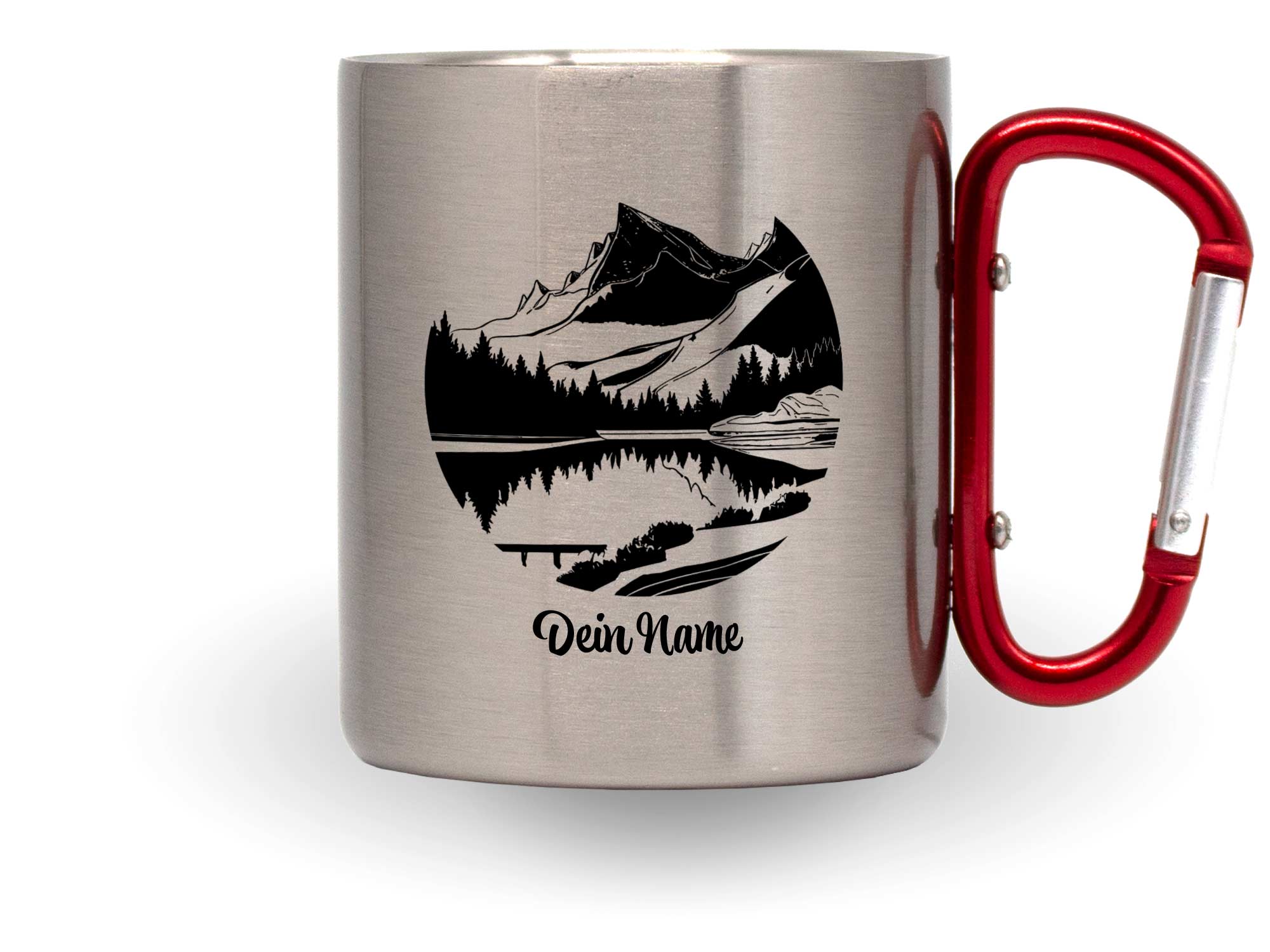 Personalisierte Edelstahltasse mit Karabiner Wanderer mit Namen Berge