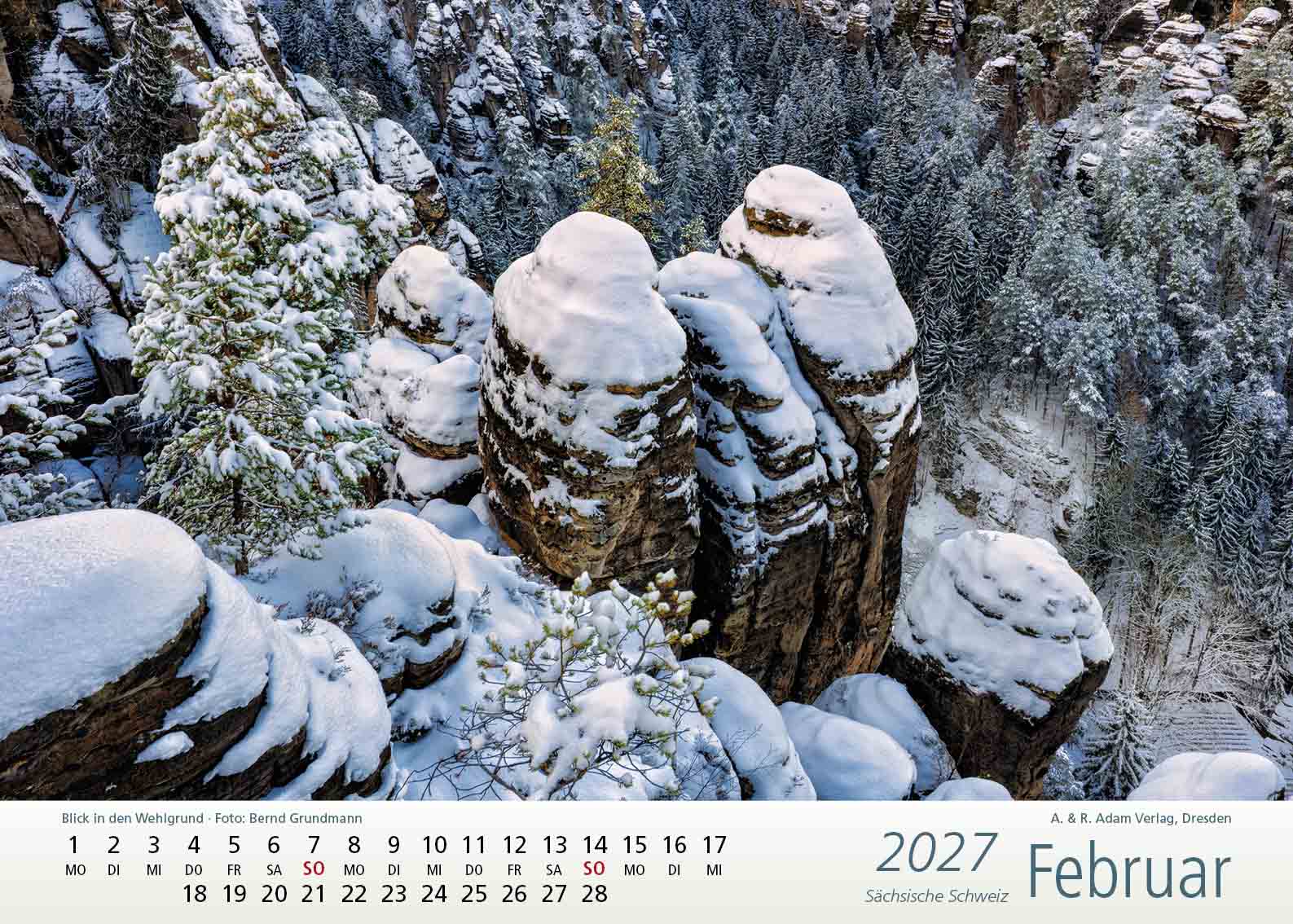Kalender Sächsische Schweiz 2027 Februar Blick in den Wehlgrund