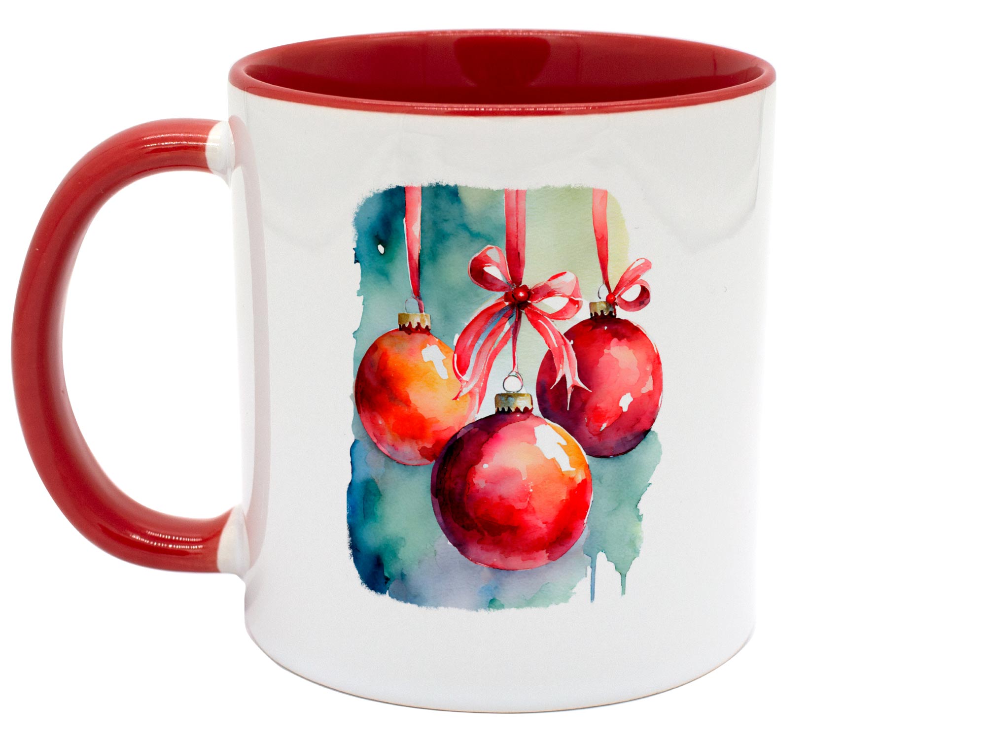 Weihnachtstasse mit roten weihnachtskugeln