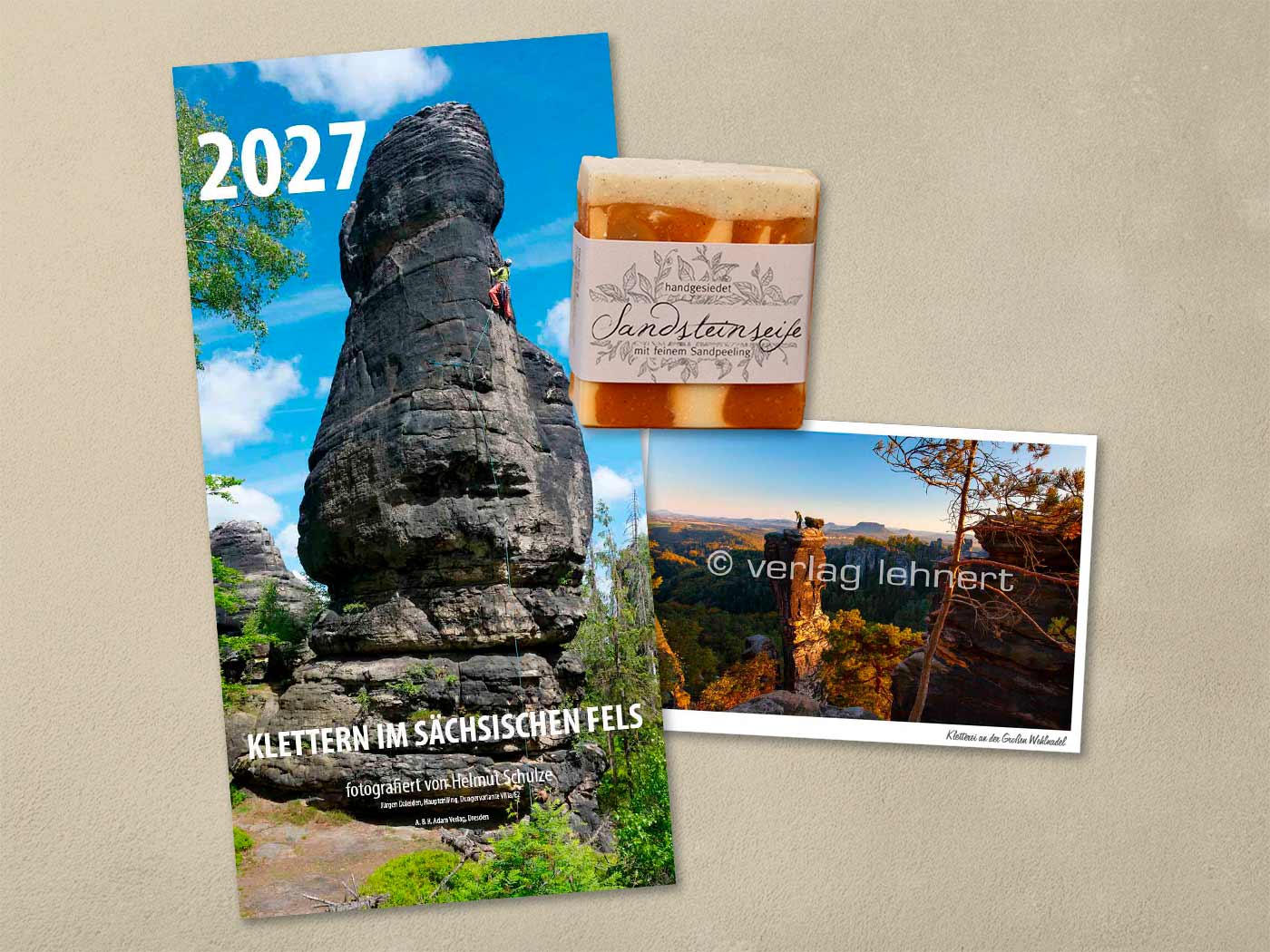 Geschenkset für Sandsteinfreunde Kletterkalender Sächsische Schweiz Sandsteinseife Postkarte