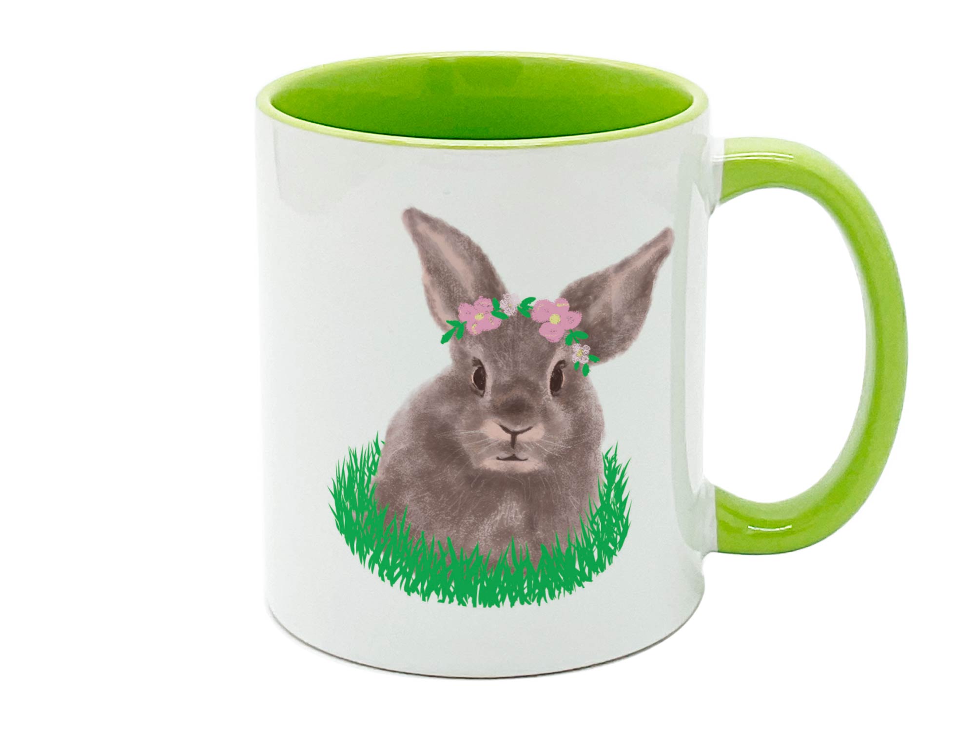 Schöne Tasse Hase mit Blumenkranz auf Wiese Ostertasse grün