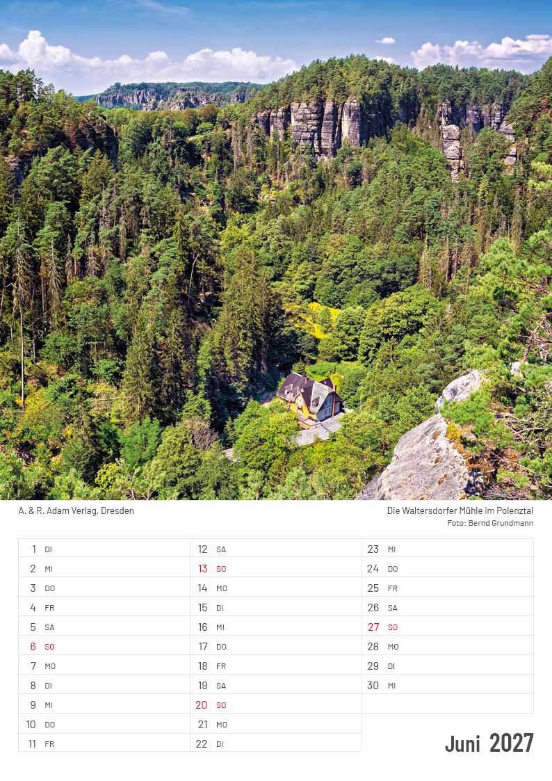 Kalender Elbsandsteingebirge 2027 Juni Polenztal Waltersdorfer Mühle
