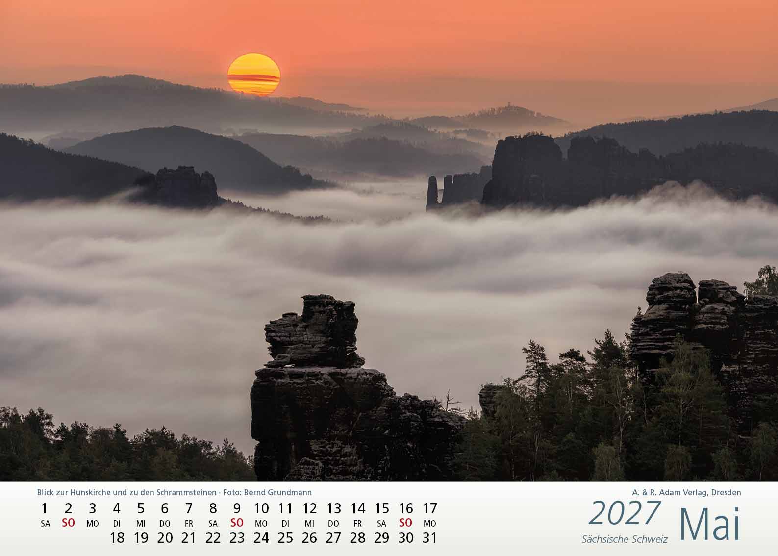 Kalender Sächsische Schweiz 2027 Mai Hunskirche Schrammsteine