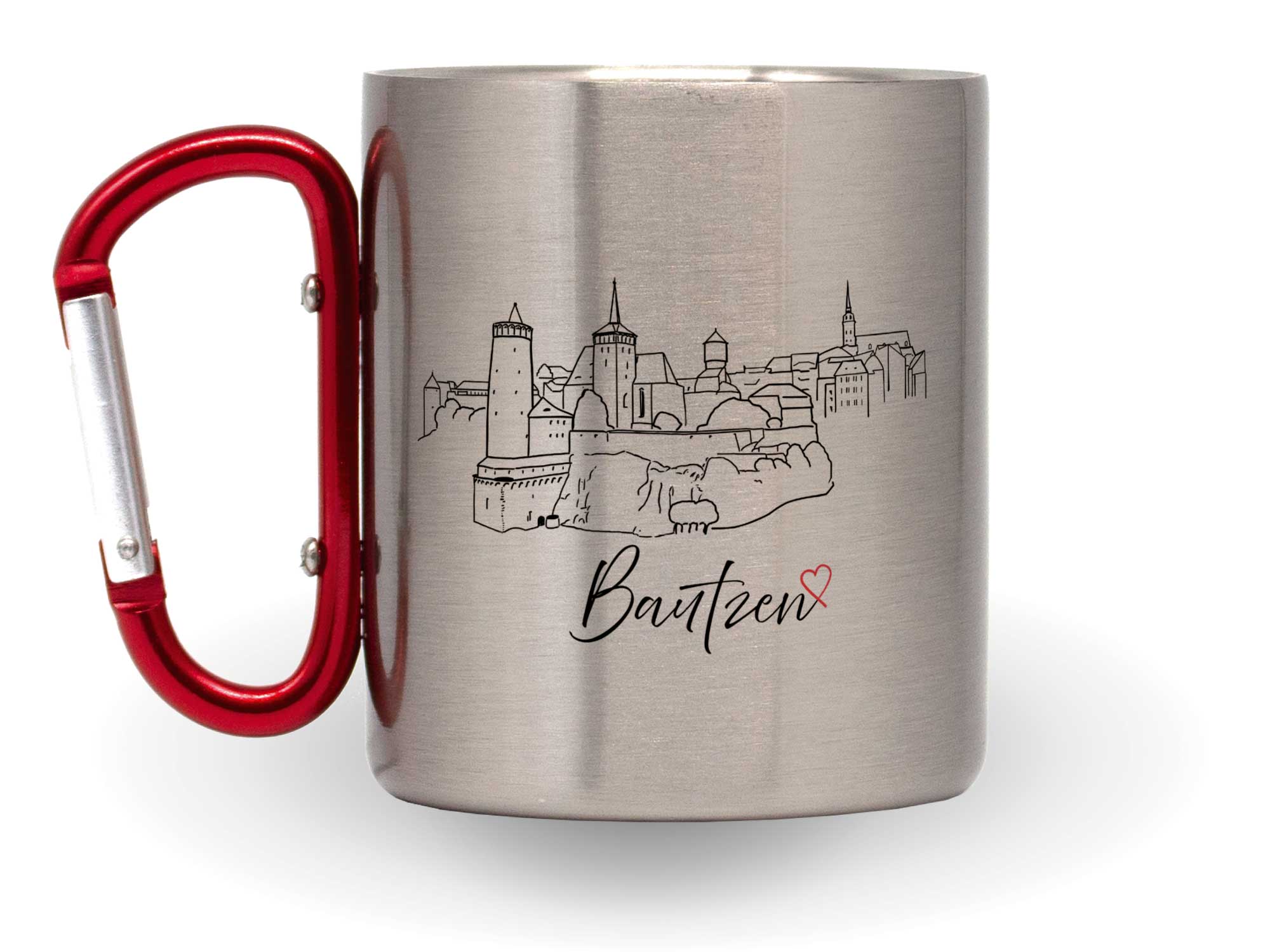 Edelstahltasse mit Karabiner Bautzen Grafik