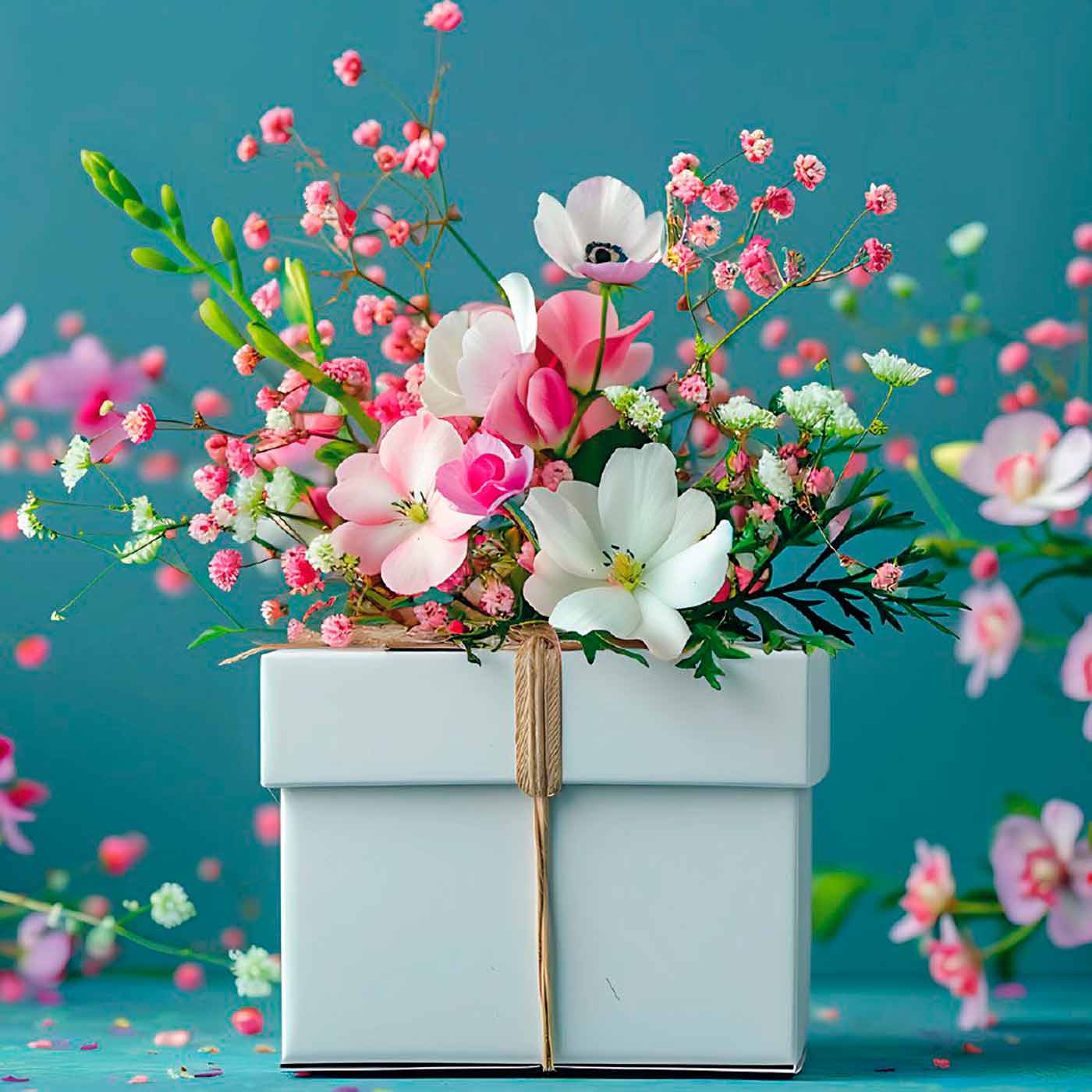 Gute Laune Block Geburtstag hellblaues Geschenk mit Blumen